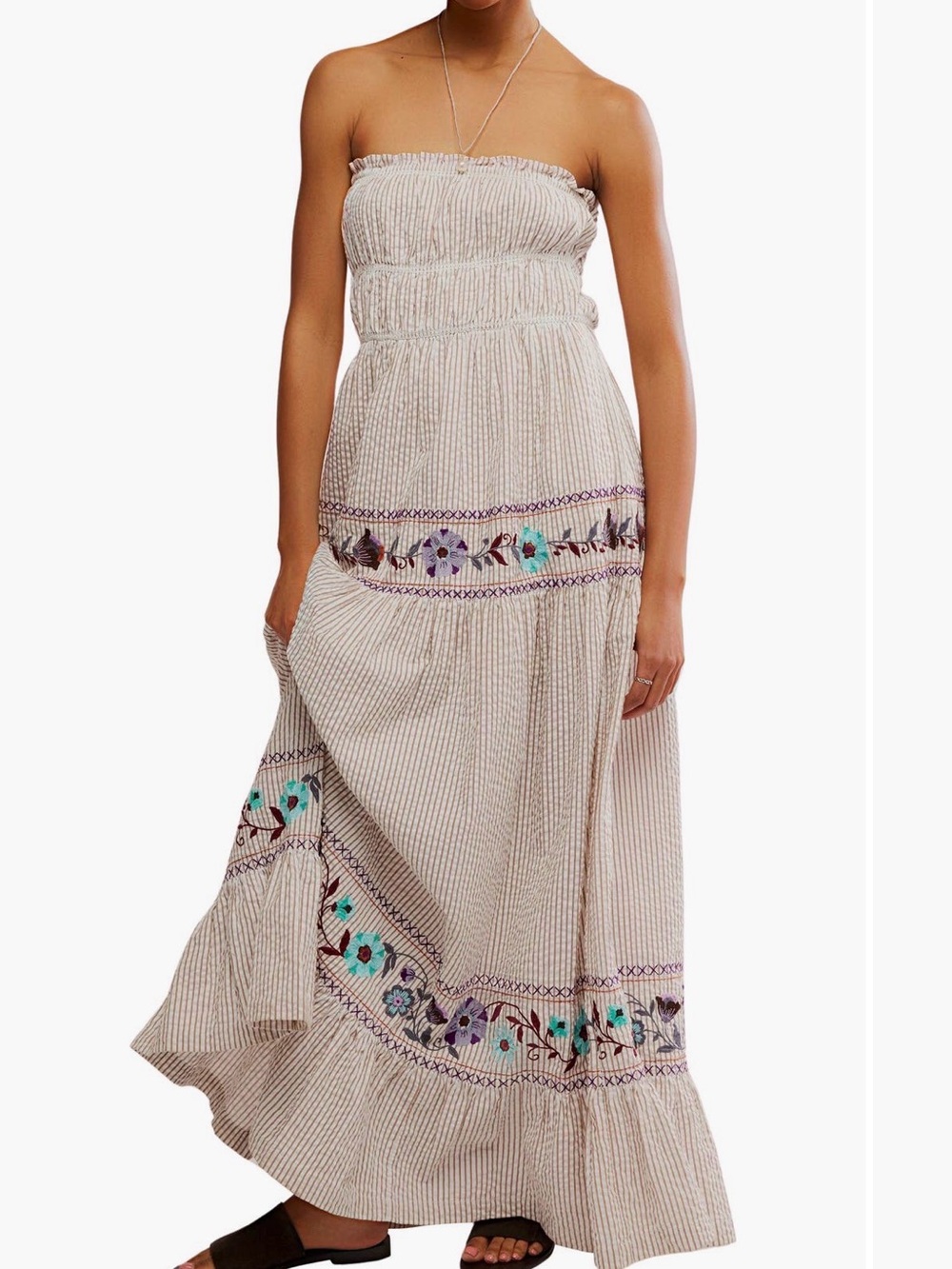 Free People Kalani Stripe Strapless Cream Embroidered Maxi Dress